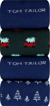 Skarpetki Tom Tailor: granatowe z logo, zielone z czerwonymi ciężarówkami i choinkami, granatowe z białymi choinkami.