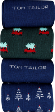 Cztery pary świątecznych skarpet Tom Tailor: granatowe z logo, zielone z autami i choinkami, oraz granatowe w choinki.