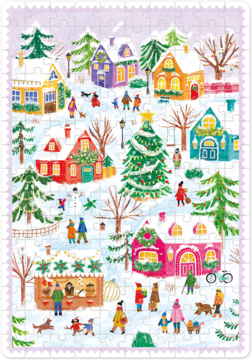 Puzzle Puzzlove Zimowe spotkania, 150 el., zimowa scena wiejska ze śniegiem, kolorowe domy, widoczne wycięte krawędzie.