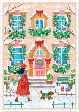 Ilustrowana układanka 150 el. z zimowym domem udekorowanym na święta, osobą z psem na tle śniegu.