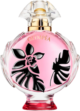 Paco Rabanne Olympa Flora, różowe perfumy o zapachu kwiatowym we flakonie z czarnymi kwiatami, widok z przodu.