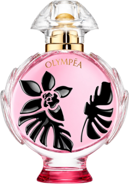 Rabanne Olympéa Flora, różowa woda perfumowana w okrągłej butelce z czarnymi liśćmi i złotym detalem, widok z przodu.