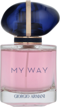 Perfumy My Way Giorgio Armani, różowa butelka z fasetowaną granatową nakrętką, napis My Way. Widok z przodu.