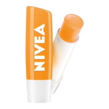 NIVEA Mango Shine, pomarańczowa pomadka nawilżająca, otwarta, widoczny sztyft z zapachem mango.