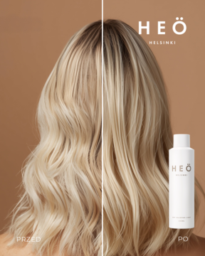 Porównanie: włosy przed i po suchym szamponie Heö Helsinki. Blond pasma świeże, obok biała butelka Dry Shampoo Light.