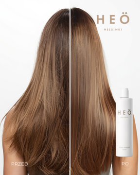 Split zdjęcie: przed włosy suche, po nawilżającym szamponie Heö Helsinki Hydra - gładkie i lśniące. Widoczna butelka.