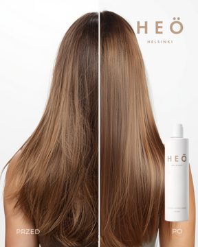Heö Helsinki Hydra odżywka: zdjęcie 'przed i po' ukazuje suche włosy oraz lśniące, nawilżone pasma. Widoczna butelka odżywki.