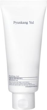 Pyunkang Yul Peeling Gel w białej tubce 100ml, widok frontalny z szarym napisem. Delikatnie złuszczający żel.