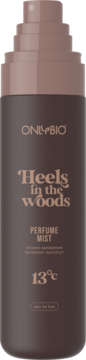 Ciemnobrązowa perfumowana mgiełka OnlyBio Heels in the woods, butelka z atomizerem, widok z przodu.