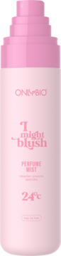 OnlyBio I might blush 24°C mgiełka perfumowana do ciała i włosów, różowa butelka z atomizerem, rabarbar, piwonia.