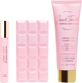 Różowy zestaw Sweet Tooth Sabrina Carpenter: perfumy 30ml (czekolada), miniaturka 10ml i krem do ciała 75g.