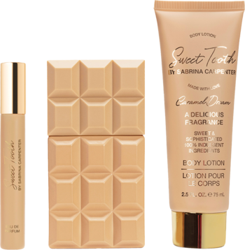 Sabrina Carpenter Caramel Dream: beżowe perfumy w butelce-czekoladzie, mini-spray i balsam 75g.