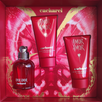 Zestaw Cacharel Amor Amor: czerwona woda toaletowa 50ml i dwa balsamy do ciała w tubkach, z motylem.