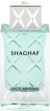 Swiss Arabian Shaghaf, męska woda perfumowana w turkusowej butelce z pikowanym wzorem i srebrną nakrętką.