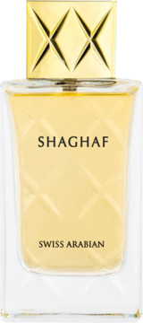 Swiss Arabian Shaghaf, woda perfumowana, butelka z żółtym płynem i złotą, wzorzystą zakrętką, widok z przodu.