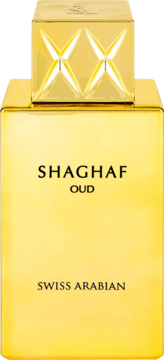 Swiss Arabian Shaghaf Oud, złota butelka perfum z błyszczącym korkiem z wzorem X, widok z przodu.