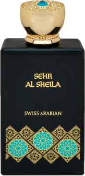 Damska woda perfumowana Swiss Arabian Sehr Al Sheila, czarna butelka, złoty korek z turkusowym klejnotem.