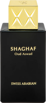 Perfumy Swiss Arabian Shaghaf Oud Aswad w czarnym, prostokątnym flakonie ze złotą, wzorzystą zakrętką, widok z przodu.