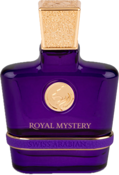 Fioletowa butelka Swiss Arabian Royal Mystery EDP ze złotą nakrętką i napisami, widok z przodu.