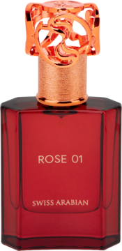Swiss Arabian Rose 01 perfumowana woda w czerwonej butelce z miedzianym, ozdobnym korkiem, widok z przodu.
