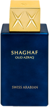 Granatowy flakon Swiss Arabian Shaghaf Oud Azraq ze złotymi napisami i złotą nakrętką z wzorem X, widok z przodu.