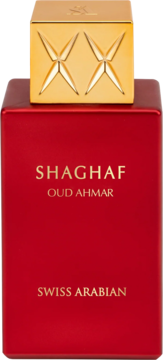 Swiss Arabian Shaghaf Oud Ahmar woda perfumowana, czerwona butelka ze złotym korkiem, widok z przodu.