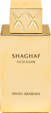 Złota butelka perfum Swiss Arabian Shaghaf Oud Elixir, widok frontalny, z tekstem i ozdobnym korkiem XX.