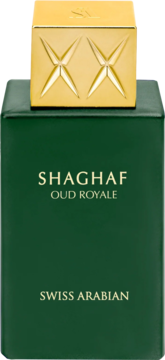 Damska woda perfumowana Swiss Arabian Shaghaf Oud Royale, ciemnozielona butelka ze złotą nakrętką z wzorem XX.