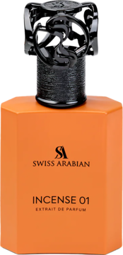 Swiss Arabian Incense 01 Extrait de Parfum, pomarańczowa butelka z czarną rzeźbioną zakrętką, widok z przodu.