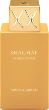 Swiss Arabian Shaghaf Vanilla Toffee, woda perfumowana w bursztynowej butelce ze złotą nakrętką z motywem XX.