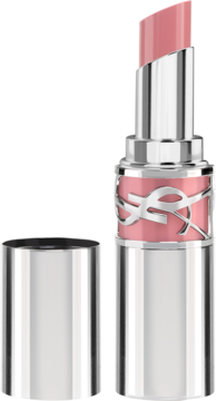 Otwarta pomadka Yves Saint Laurent Love Shine Nude Lavalliere z błyszczącym, różowym sztyftem i srebrnym etui.