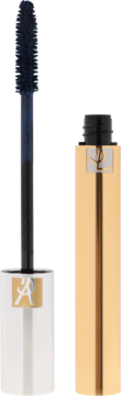 Tusz YSL Volume Effet Faux Cils Deep Night (granatowy), otwarta złota tubka z wyjętą szczoteczką na ciemnym tle.