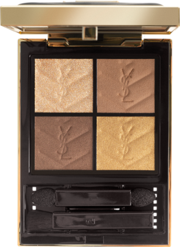 Otwarta złota paleta cieni YSL Couture Mini Clutch 800 Over Dore. Cztery brązowo-złote, perłowe i matowe odcienie z logo.