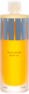 Hhuumm nawilżający olejek do ciała 100ml, butelka ze złocistym płynem, napis "MOISTURIZING BODY OIL", widok z przodu.