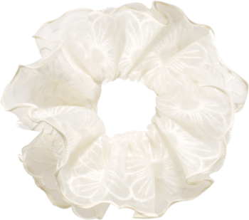 Elegancka satynowa scrunchie do włosów Bright, Ewa Schmitt RKG090, ecru z subtelnym wzorem liści, widok z góry.