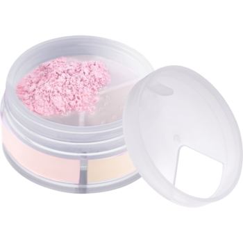 Essence Flawless Skin Trio 3w1, otwarty pojemnik. Widok z góry na różowy i brzoskwiniowy puder sypki matujący.