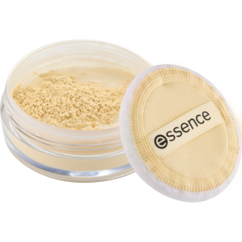 Essence Banana Loose Powder, otwarty słoiczek z matującym żółtym pudrem sypkim i gąbeczką Essence.