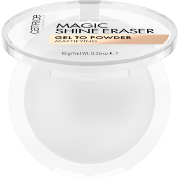 Matujący puder w żelu Catrice Magic Shine Eraser w białym, okrągłym opakowaniu z przezroczystą pokrywką, widok z góry.