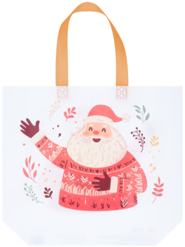 ELOY torba PP 34x25x10, biała, świąteczna z radosnym Mikołajem i roślinnymi motywami. Widok z przodu.