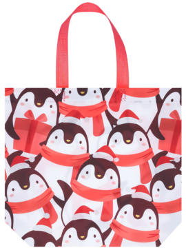 ELOY TORBA PP BN2 34x25x10. Świąteczna torba z białym tłem i licznymi pingwinami w czerwonych czapkach i szalikach.