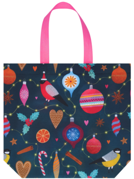 ELOY TORBA PP BN4 34x25x10, ozdobna torba prezentowa z wzorem świątecznych bombek i ptaków na ciemnym tle.