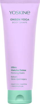 Yoskine Onsen Yoga Ultra Matcha Detox Firming Balsam w liliowej tubce z zielonym dołem, widok z przodu.