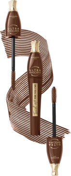 BOURJOIS Twist up the Volume Ultra Mascara 002 Ultra Brown, brązowe opakowania ze złotem, z widocznymi aplikatorami na smugach.