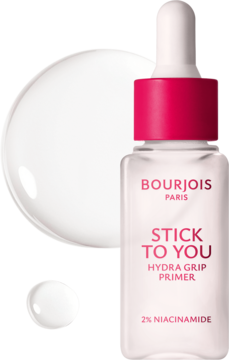 BOURJOIS Stick to You Hydra Grip Primer, baza nawilżająca z niacynamidami, w butelce z pipetą, obok krople.