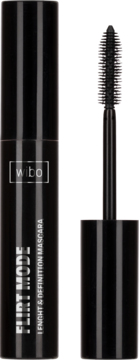 Czarny tusz Wibo Flirt Mode wydłużający, tuba z etykietą i otwarta szczoteczka do rzęs, widok z przodu.