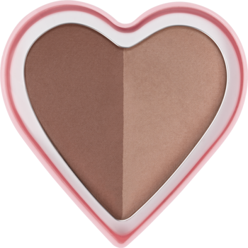 Bronzer Lovely Warm At Heart: Różowe, sercowate opakowanie z dwoma matowymi odcieniami brązu. Widok z góry.