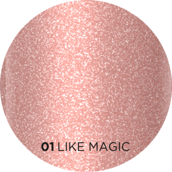 Różowa, okrągła próbka koloryzującego olejku do ust Eveline Celebrity Lips Like Magic z napisem '01 LIKE MAGIC'.