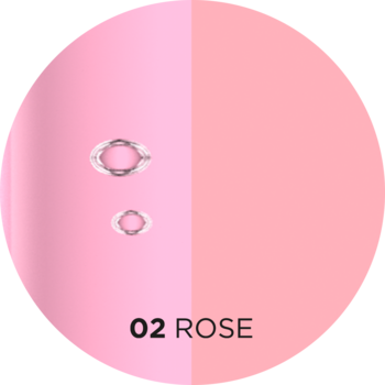 Dwa różowe owale obramowane srebrem, symbolizujące Eveline Celebrity Lips 02 Rose, na różowym tle z napisem 02 ROSE.