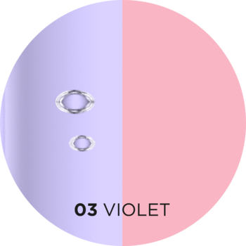 Grafika olejku do ust Eveline: pionowo dzielone tło fioletowo-różowe z napisem '03 VIOLET' i dwoma srebrnymi owalami.