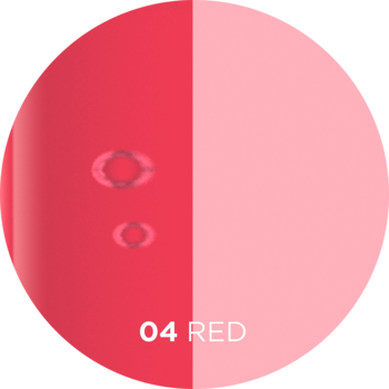 Eveline Celebrity Lips olejek do ust 04 Red. Wizualizacja odcienia: głęboka czerwień przechodząca w jasny róż, napis.